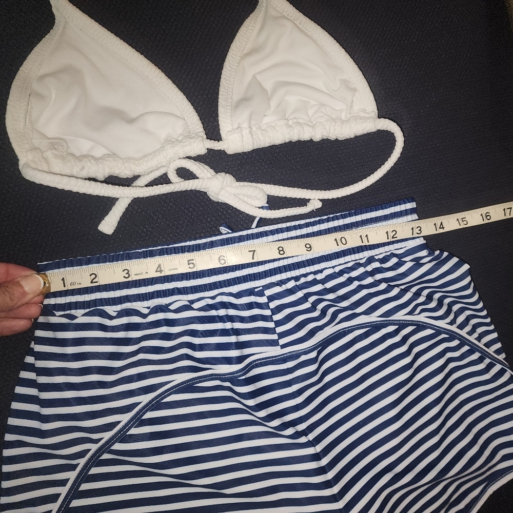 Like new White Bikini top & Navy and White Stripe Swim Shorts. Women's Small. - Picture 8 of 8